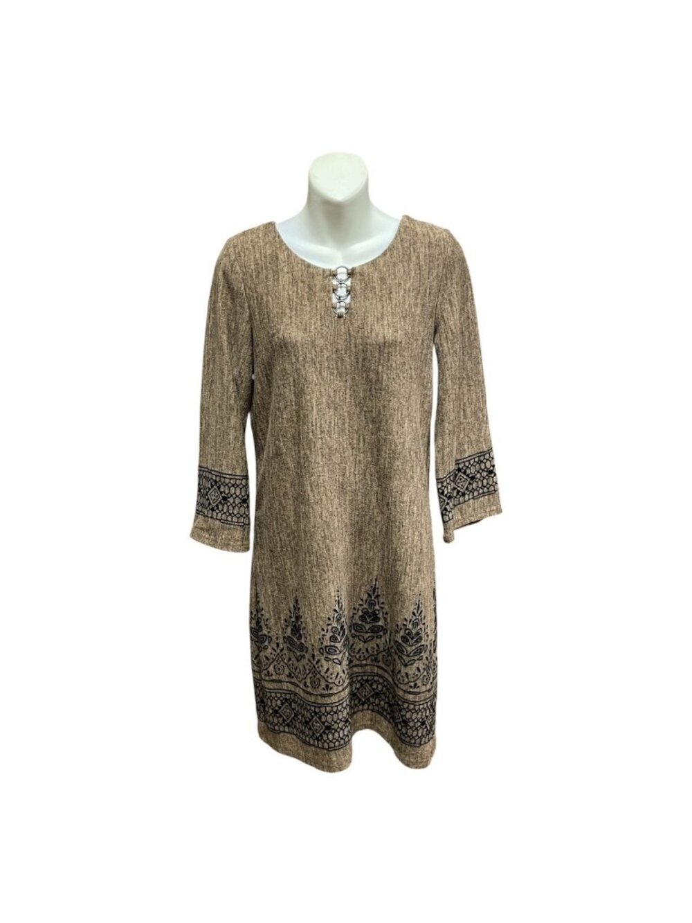 Tacera Brown Black Velvet Abstract Print Knit Dress 3/4 Sleeve Size Small